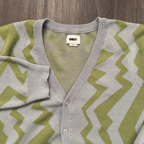 Obey Other - Obey Knit Grandpa Cardigan Blue Green Geometric Sweater Men's Medium.small Stain